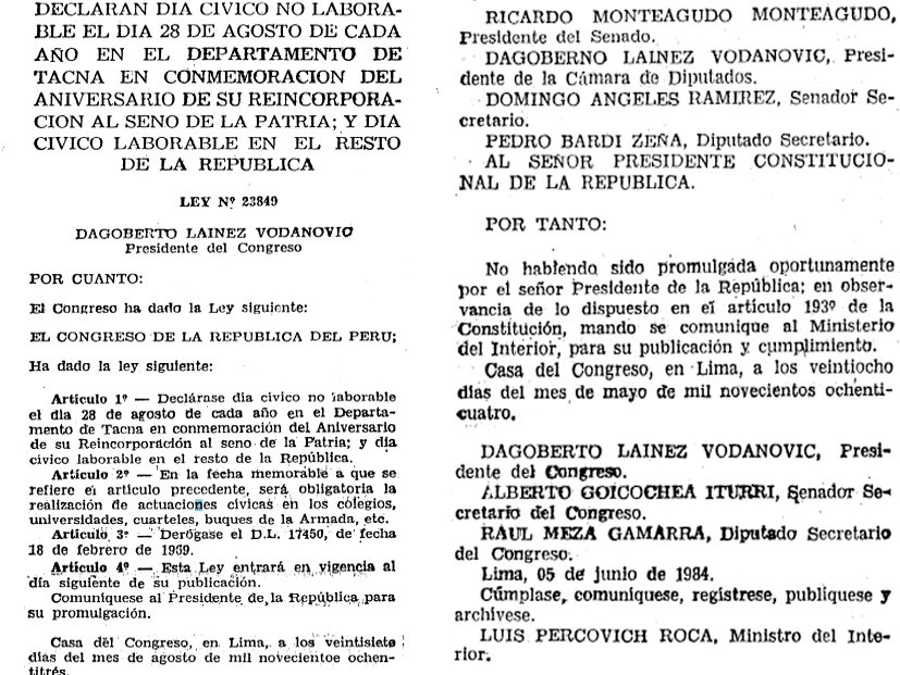 Ley N. 23849 que declara da no laborable este 28 de agosto en Tacna.