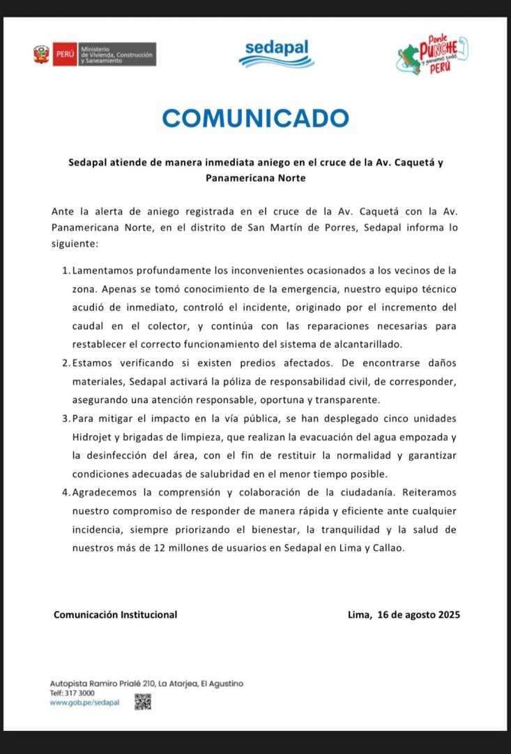 Sedapal tras aniego en el Trbol de Caquet.