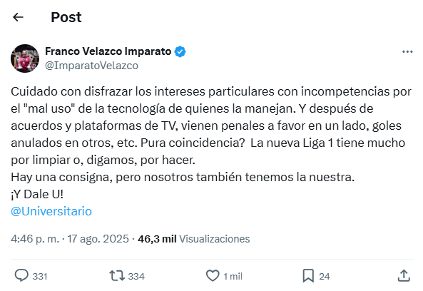 Mensaje de Franco Velazco en X.