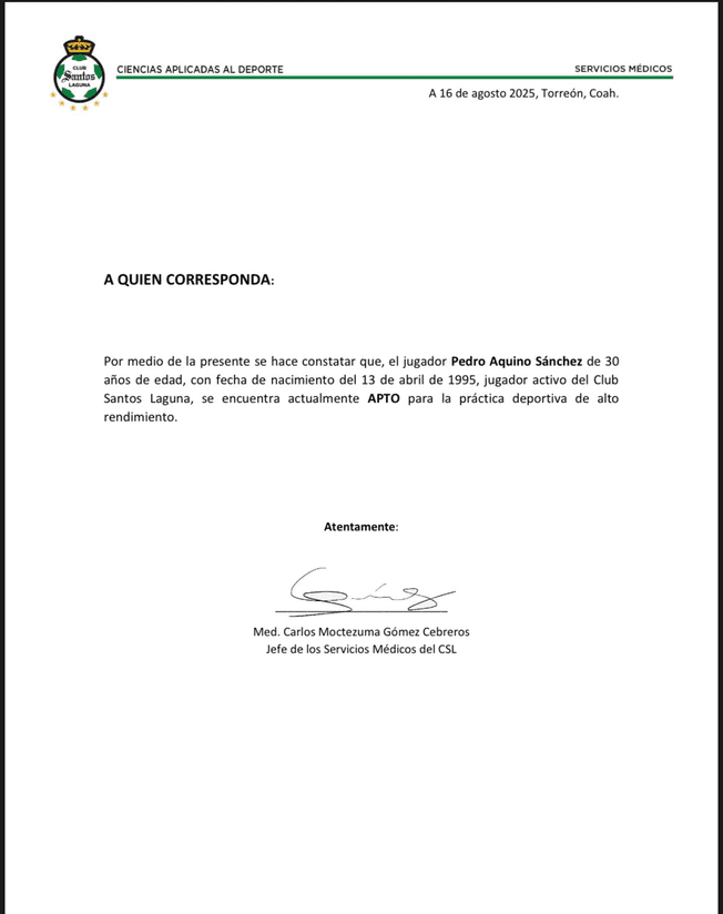 Comunicado de Santos Laguna.