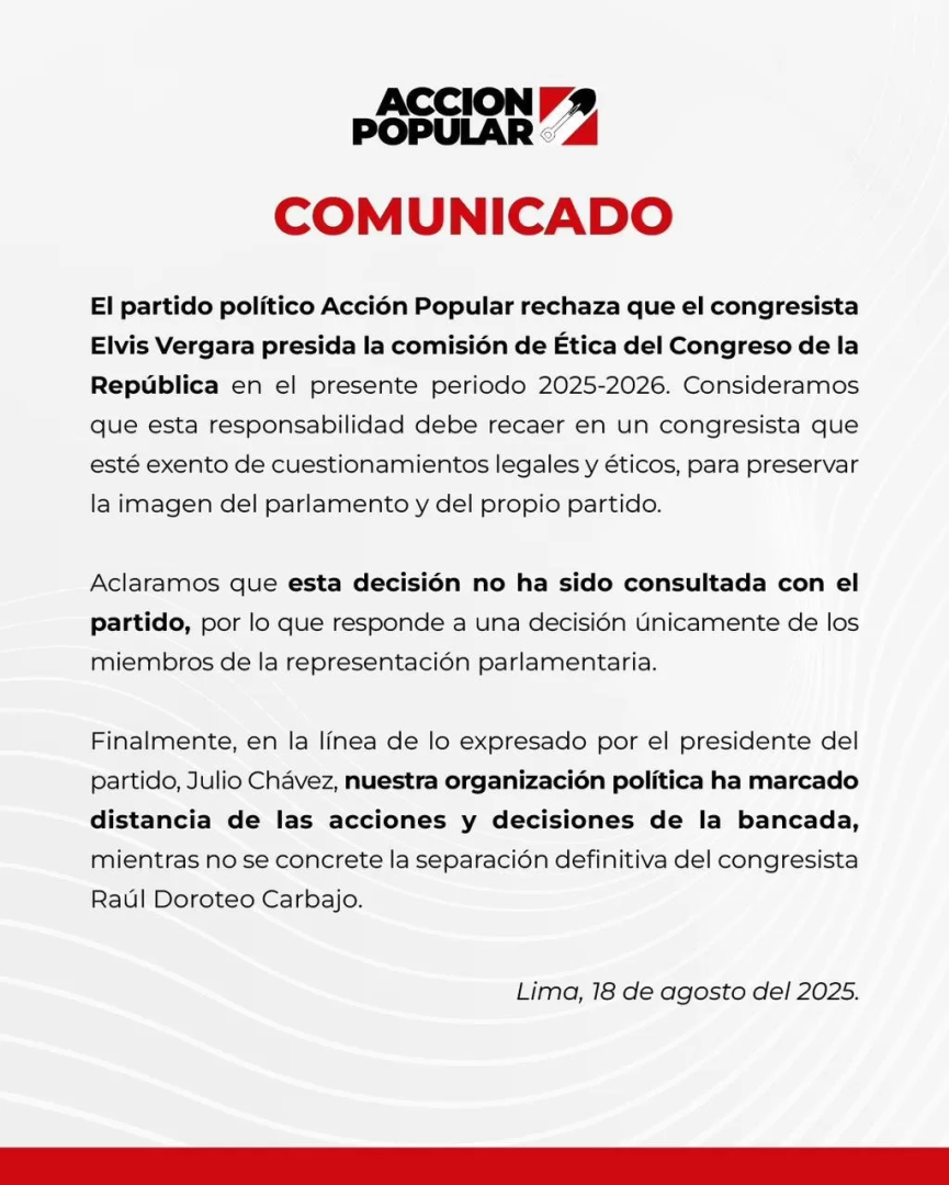 Accin Popular rechaza designacin de Elvis Vergara
