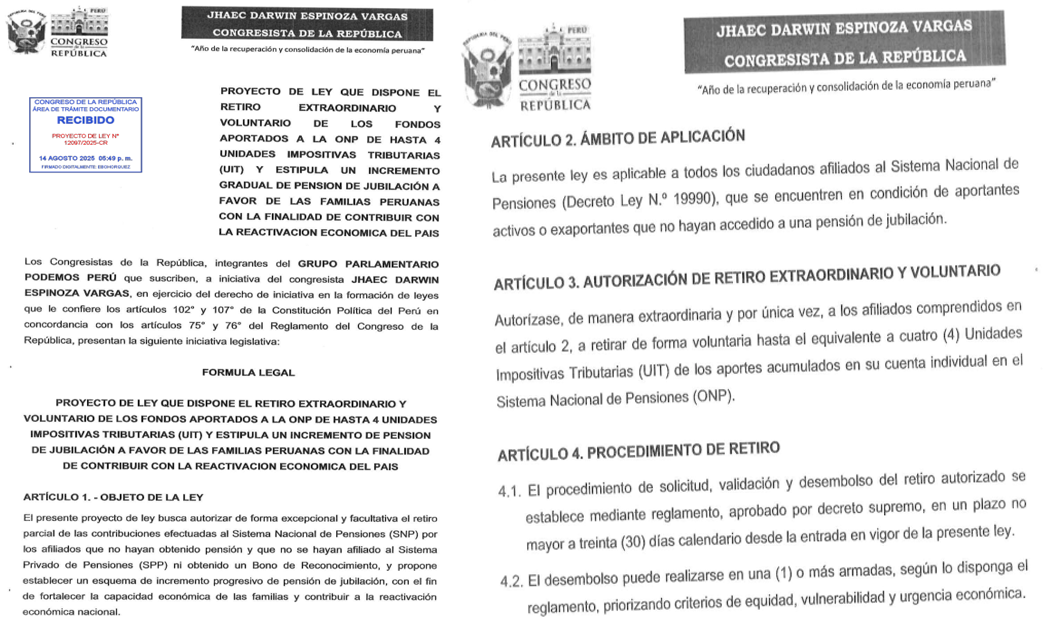 Proyecto de ley del congresista Darwin Espinoza podra habilitar el retiro ONP de hasta 4 UIT.