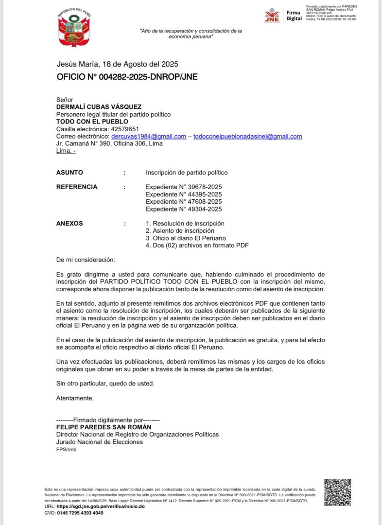 Resolucin que reconoce inscripcin del partido poltico "Todo con el Pueblo".