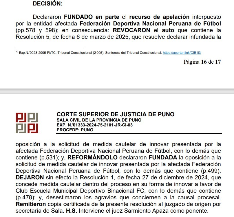 PJ dej sin efecto medida cautelar en favor de Binacional.
