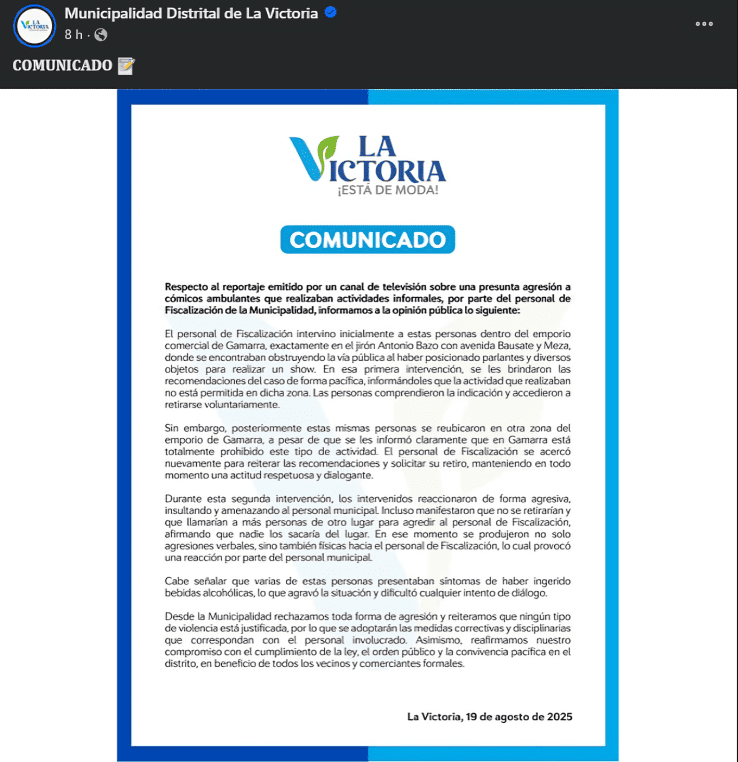 Comunicado de la Municipalidad de La Victoria