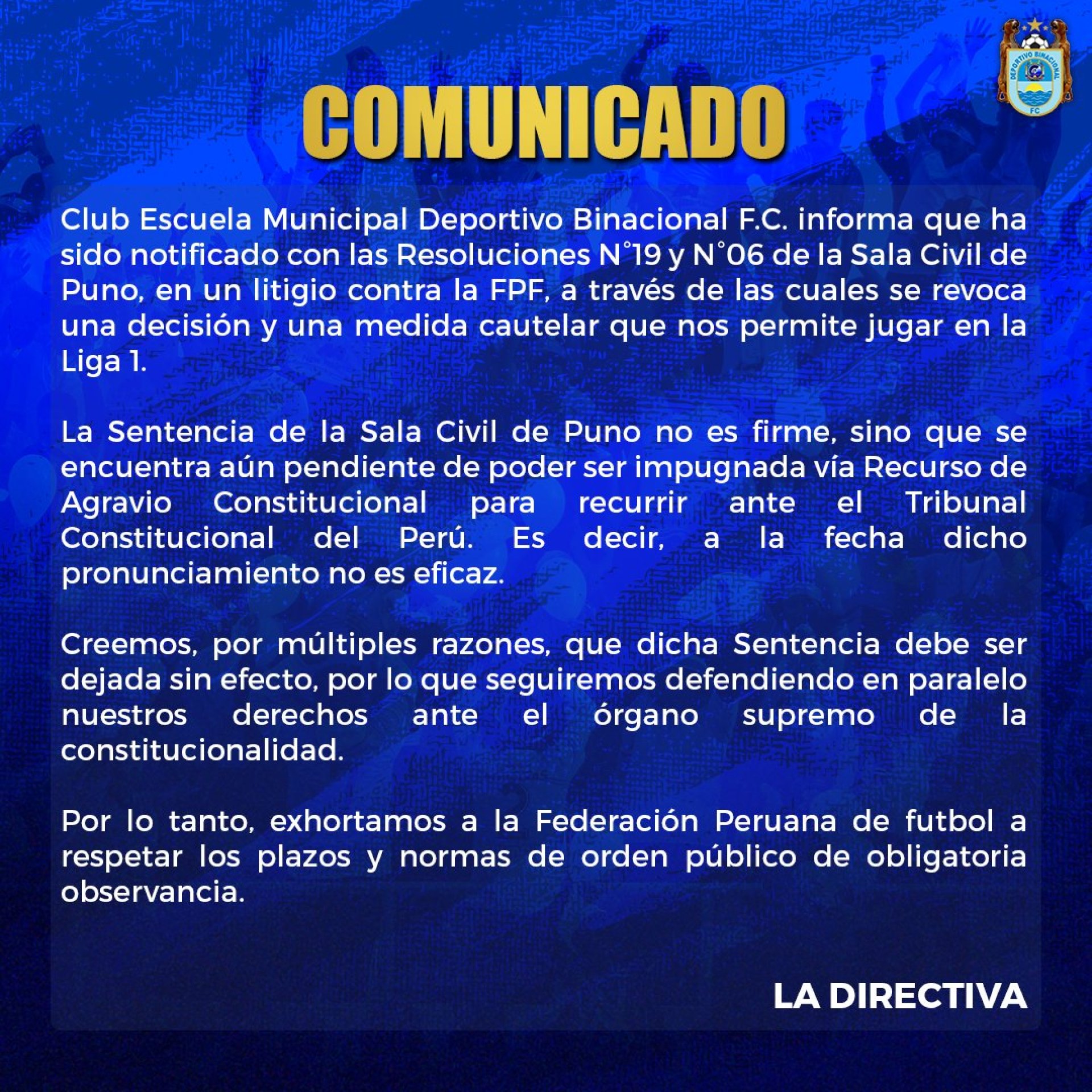 El comunicado de Deportivo Binacional.