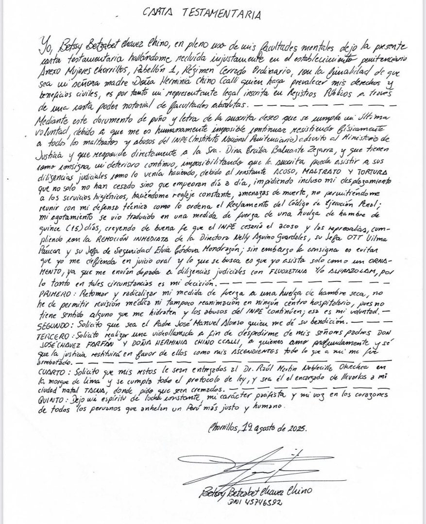 Carta testamentaria de Betssy Chvez.
