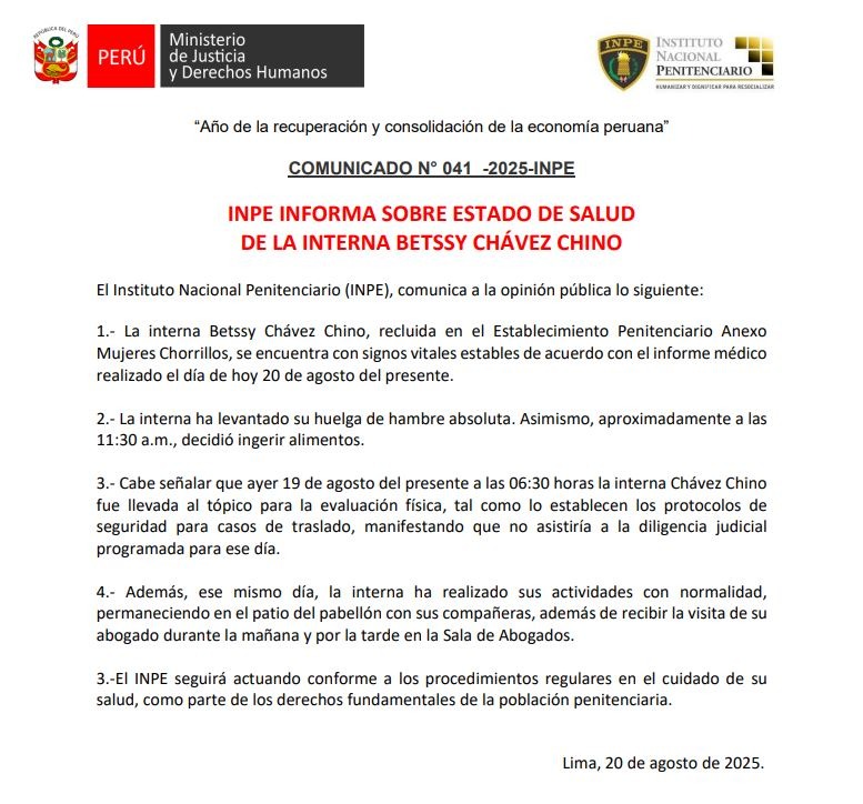Comunicado del INPE sobre Betssy Chvez