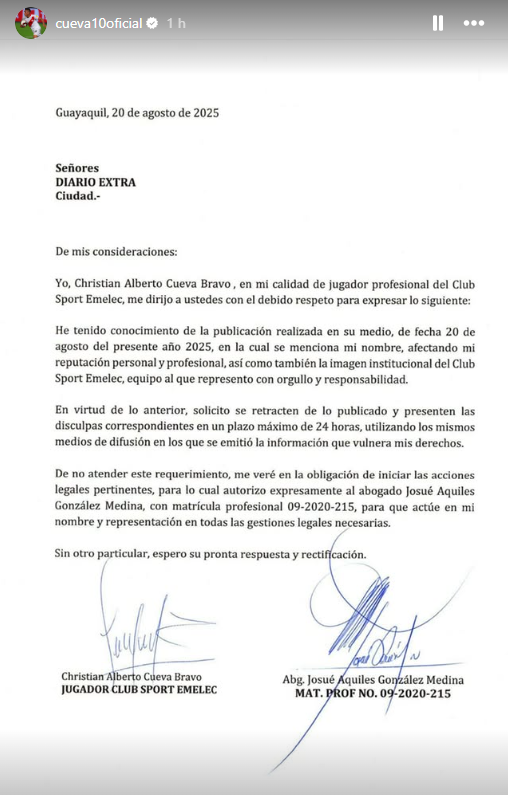 La carta que envi Cueva al medio ecuatoriano.