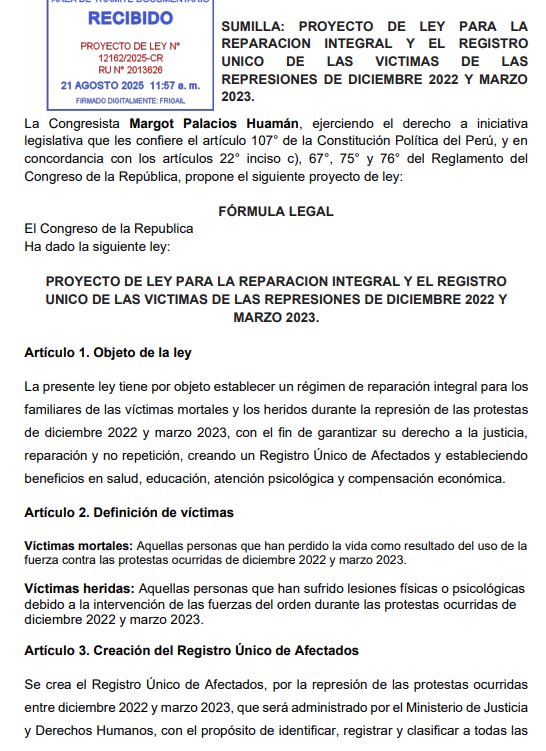 Proyecto de Ley presentado por Margot Palacios