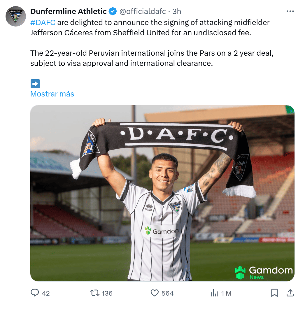 Publicacion de la cuenta de 'X' del club Dunfermline Athletic FC.