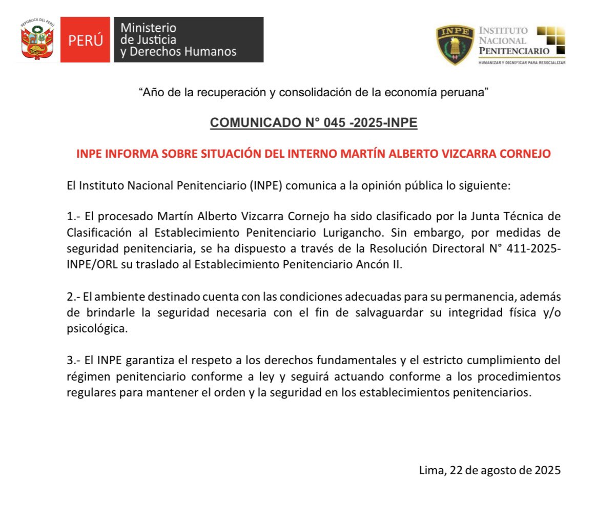 Comunicado de traslado de prisin para Vizcarra