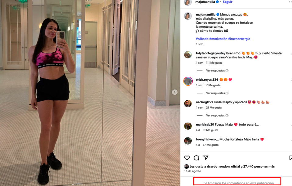 Maju Mantilla limit comentarios en Instagram.