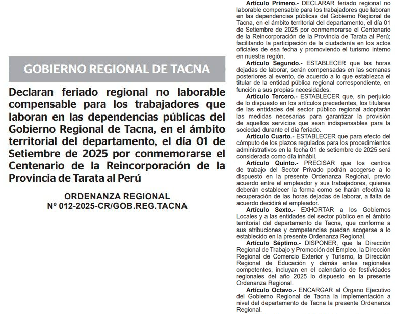 Declaran 1 de setiembre, da no laborable para trabajadores de gobierno regional de Tacna.