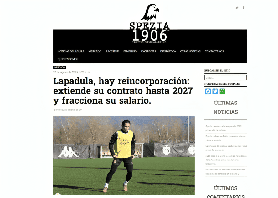 Spezia 1906 informa sobre la extensin de contrato de Lapadula