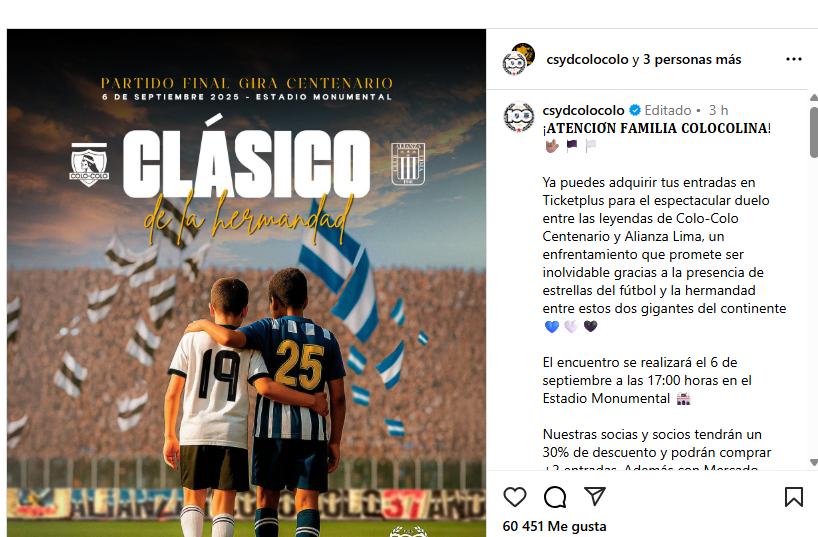 Publicacin de Colo-Colo sobre amistoso con Alianza Lima.