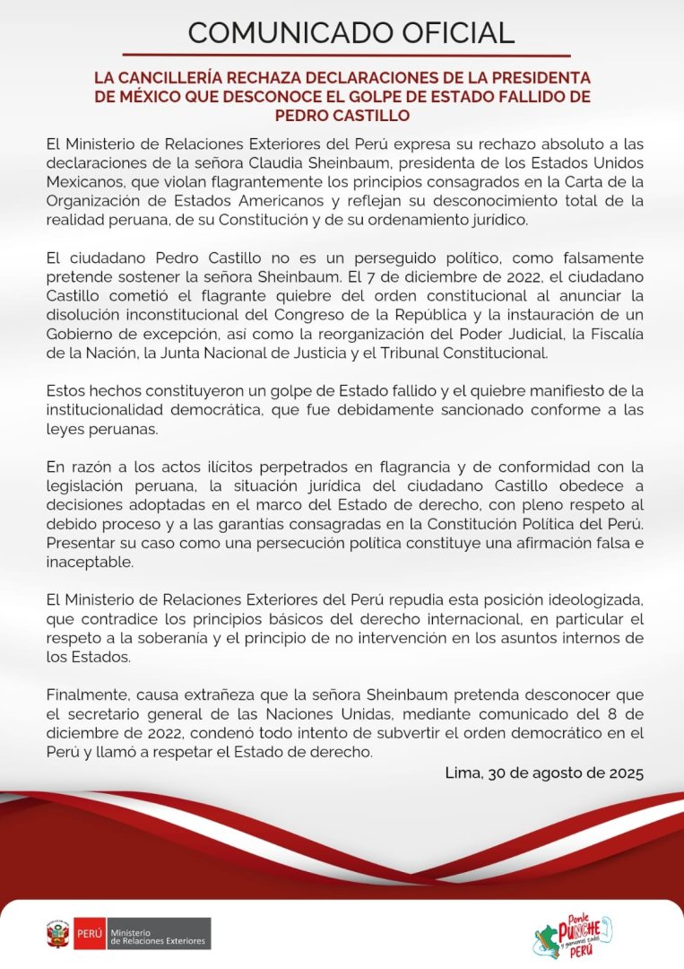Cancillera rechaza declaraciones de la presidenta de Mxico sobre Pedro Castillo.
