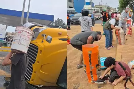 Camin con trigo se vuelva y vecinos saquen el producto que cay a la va.
