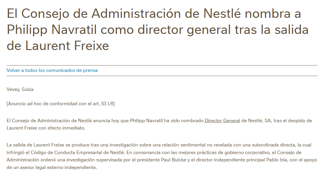 Comunicado de prensa de Nestl sobre la salida de Freixe.