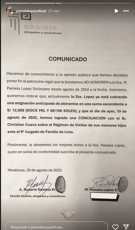 Comunicado del estudio de abogados de la doctora Rosario Sasieta