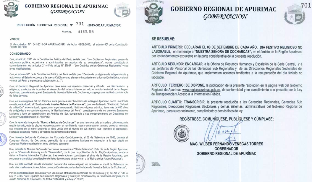 Resolucin que confirma que este 8 de septiembre ser da no laborable en Apurmac.