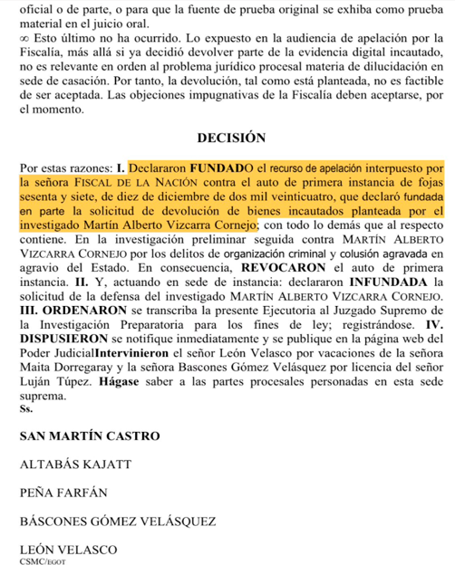 Corte Suprema revoca devolucin de 67 bienes electrnicos incautados a Martn Vizcarra en 2024.