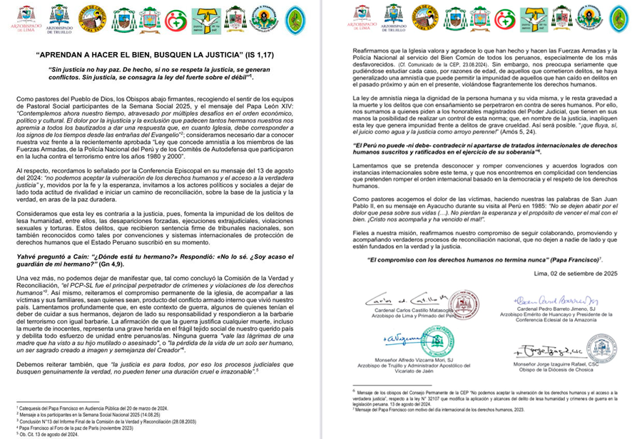 Obispos expresan su preocupacin por la ley de amnista a favor de militares, policas y Comits de Autodefensa.