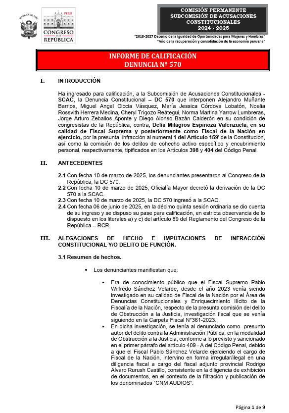 Informe de calificacin de denuncia constitucional.
