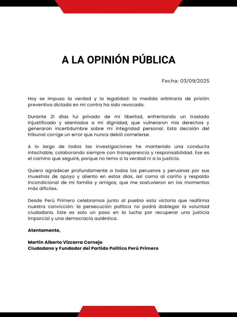 Comunicado de Martn Vizcarra tras orden del PJ de dejar Barbadillo.