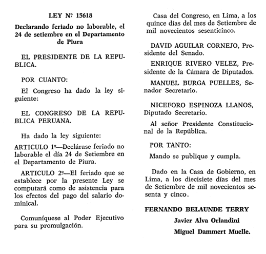 Ley que establece el 24 de septiembre como feriado no laborable en Piura.