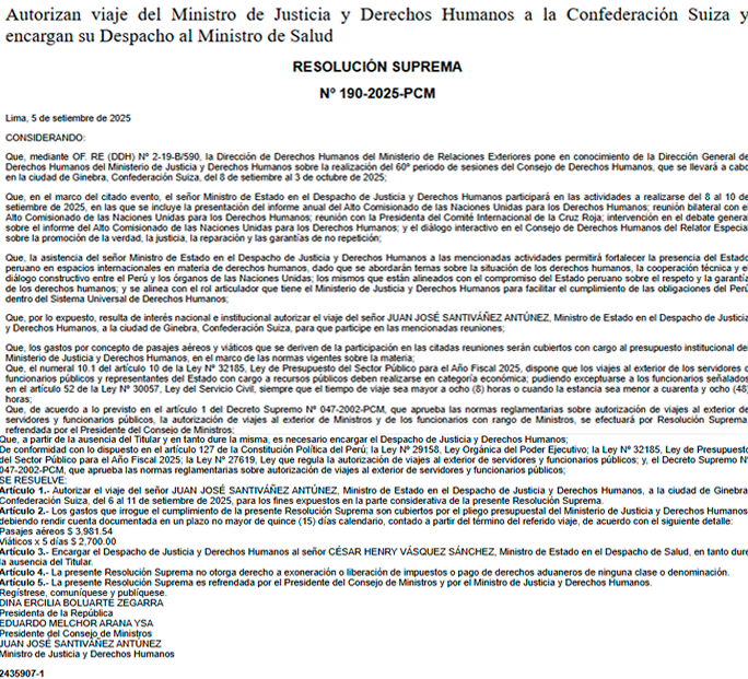 Gobierno autoriza viaje de Juan Jos Santivez a Suiza, pese a resolucin judicial que dict su impedimento de salida del pas por 18 meses.