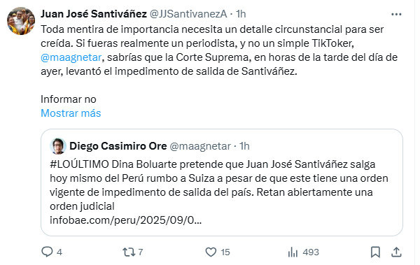Cuenta de X asegura que el impedimento de salida del pas para Juan Jos Santivez fue levantada por la Corte Suprema.