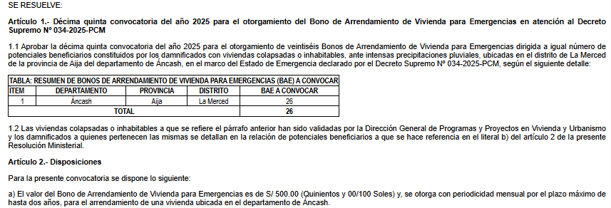 Ministerio de Vivienda entregar 26 bonos a familias afectadas por lluvias en ncash.