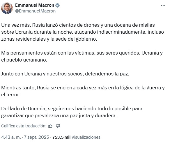 La publicacin del presidente francs en X condenando el ataque ruso.