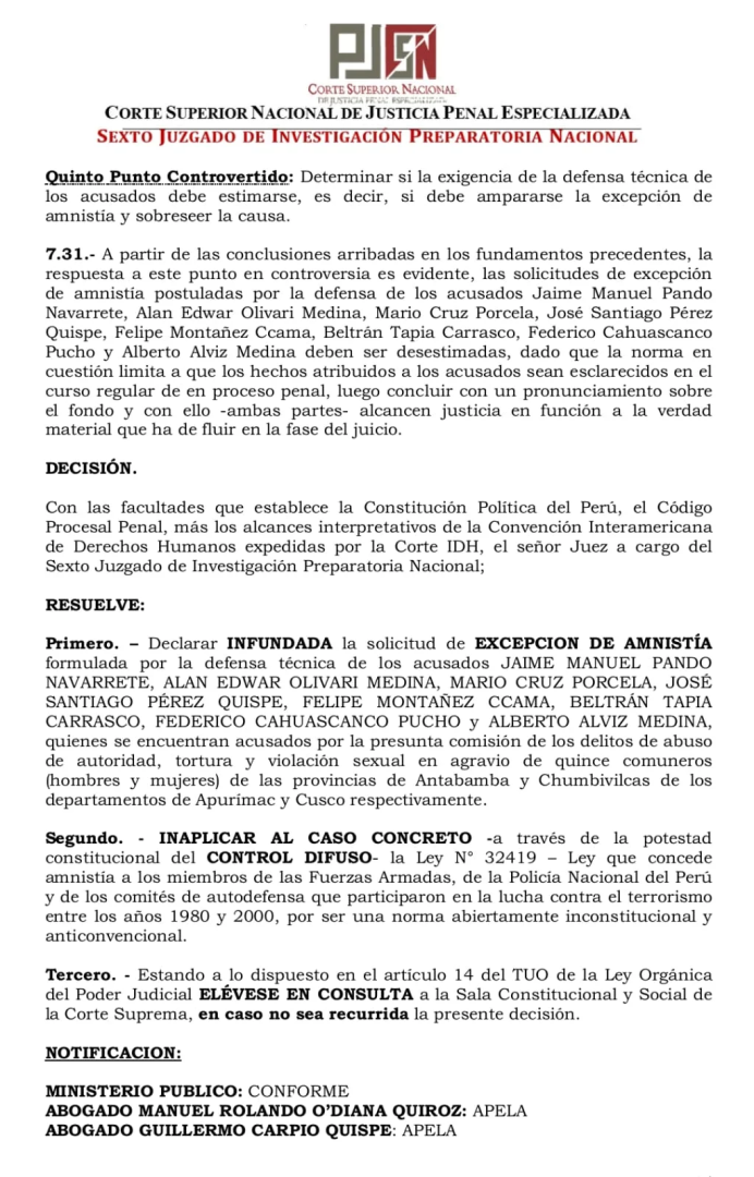 Juez inaplica Ley de Amnista a ocho militares