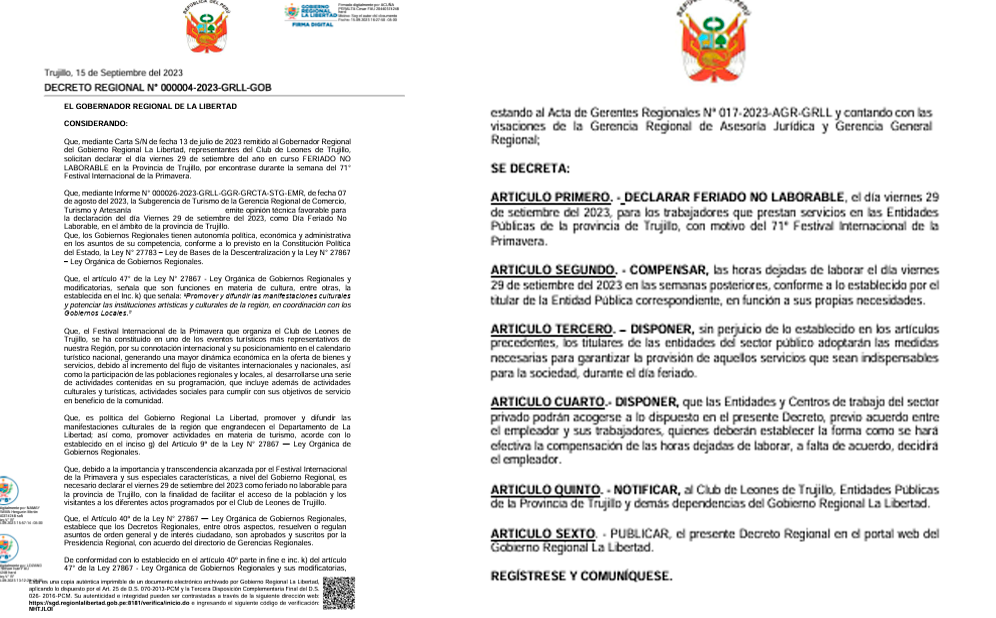 El 27 de septiembre es feriado en Trujillo, según el Decreto Regional N.° 004-2023.