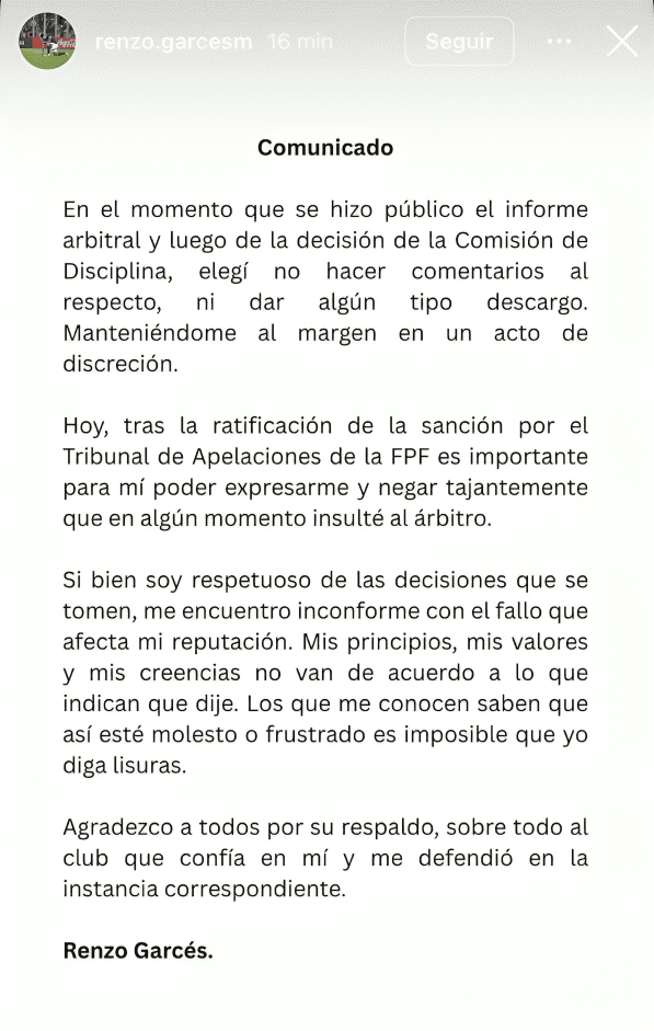 Comunicado de Renzo Garcs