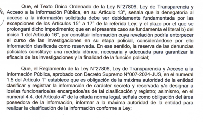 Consideraciones del informe de la PNP.