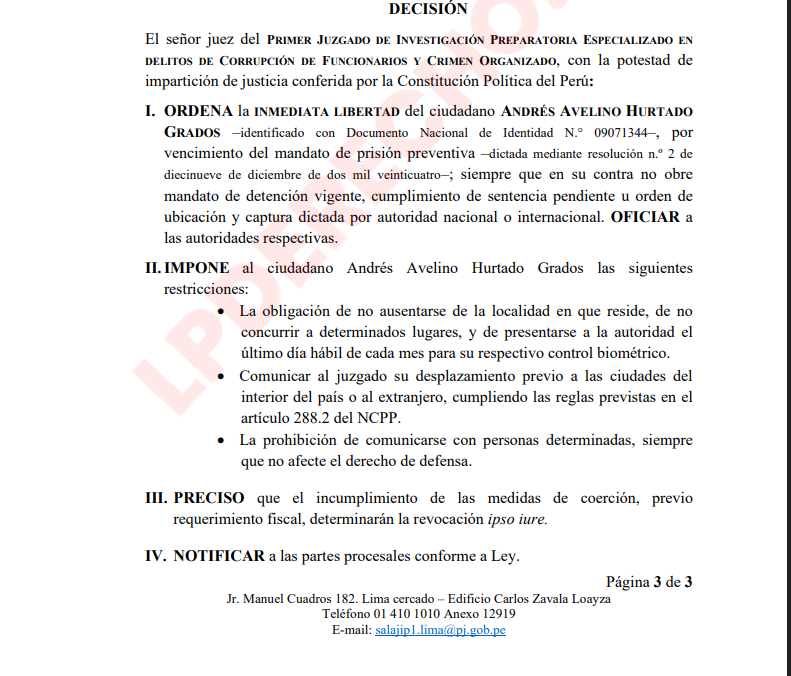 Ordenan liberacin de Andrs Hurtado por vencimiento de prisin preventiva