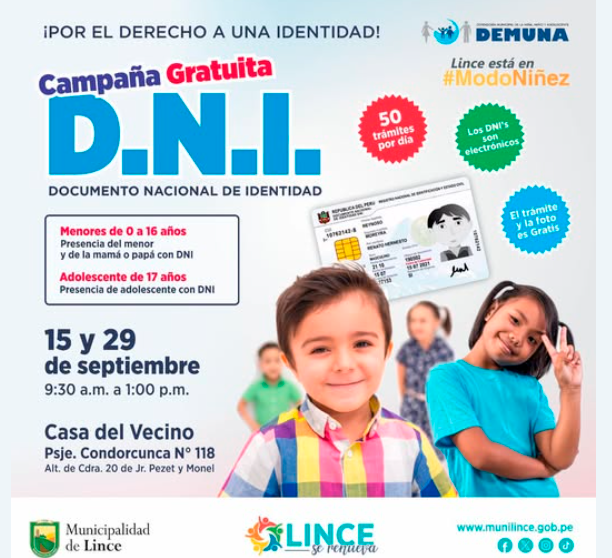 Municipalidad de Lince ofrece campaa gratuita de DNI electrnico.