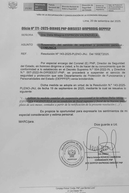 Gobierno retira la seguridad policial a Delia Espinoza.