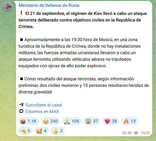 Comunicado en Telegram del Ministerio de Defensa de Rusia.