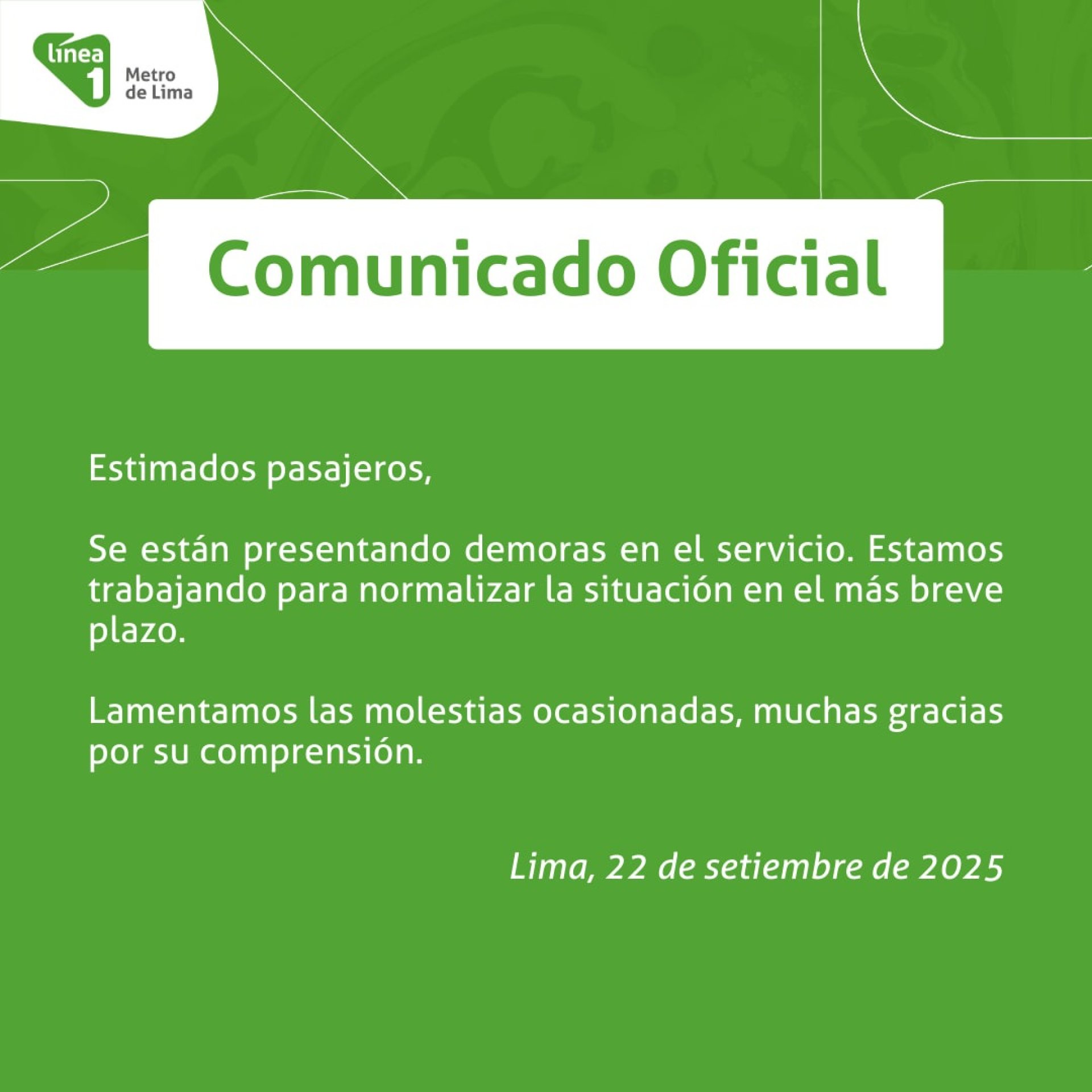 Lnea 1 del Metro de Lima reporta demoras en su servicio.