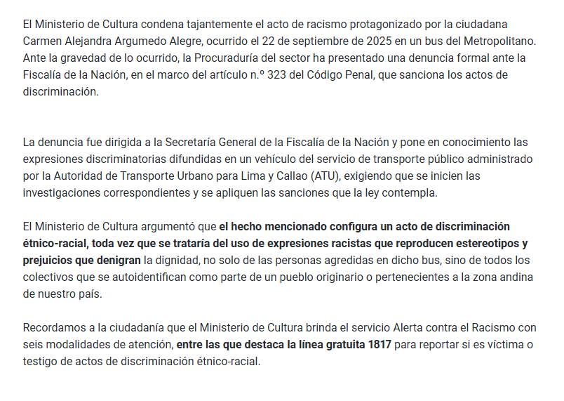 Ministerio eleva denuncia a la Fiscala contra mujer que emiti expresiones racistas