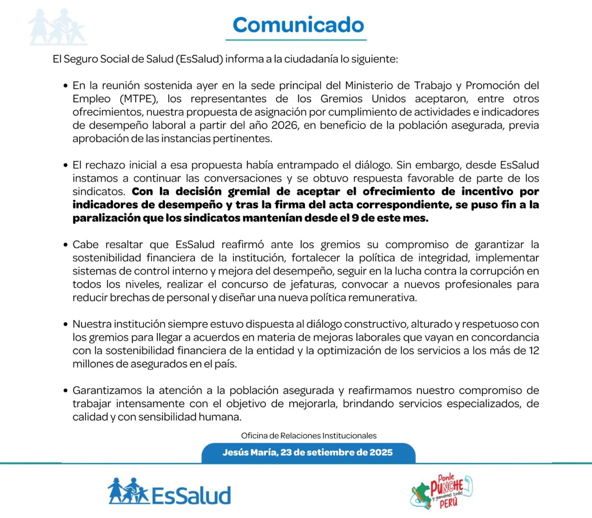 EsSalud anuncia fin de la huelga de ms de 60 mil trabajadores.