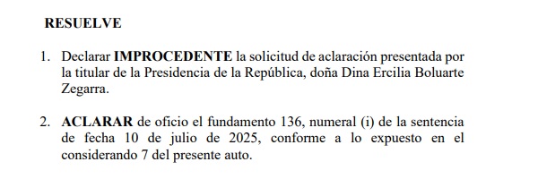 Resolucin del TC por solicitud de aclaracin de Dina Boluarte.