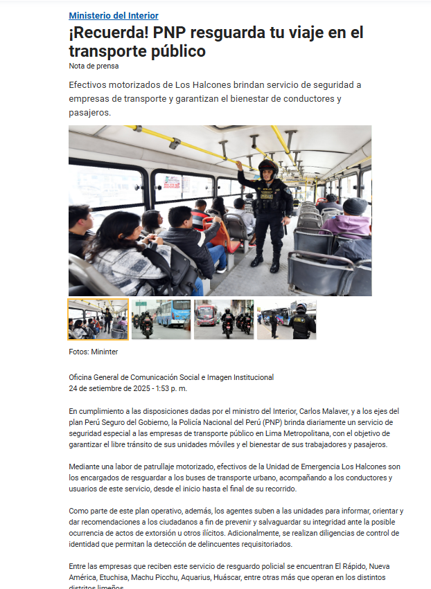 Mininter indica que PNP brinda servicio diario de seguridad a empresas de transporte
