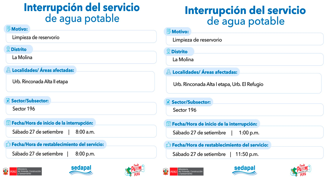 Interrupcin del servicio de agua potable en La Molina, segn Sedapal.