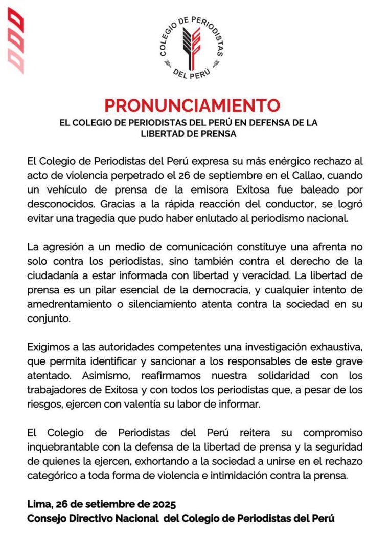 Pronunciamiento del Colegio de Periodistas ante ataque armado