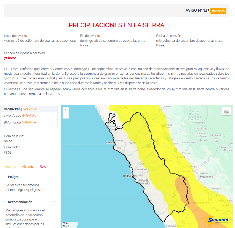 Alerta de precipitaciones en 93 provincias del Per